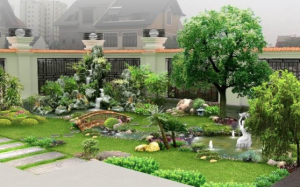 Sân vườn biệt thự được chăm sóc bởi Ngoại Thất Xanh